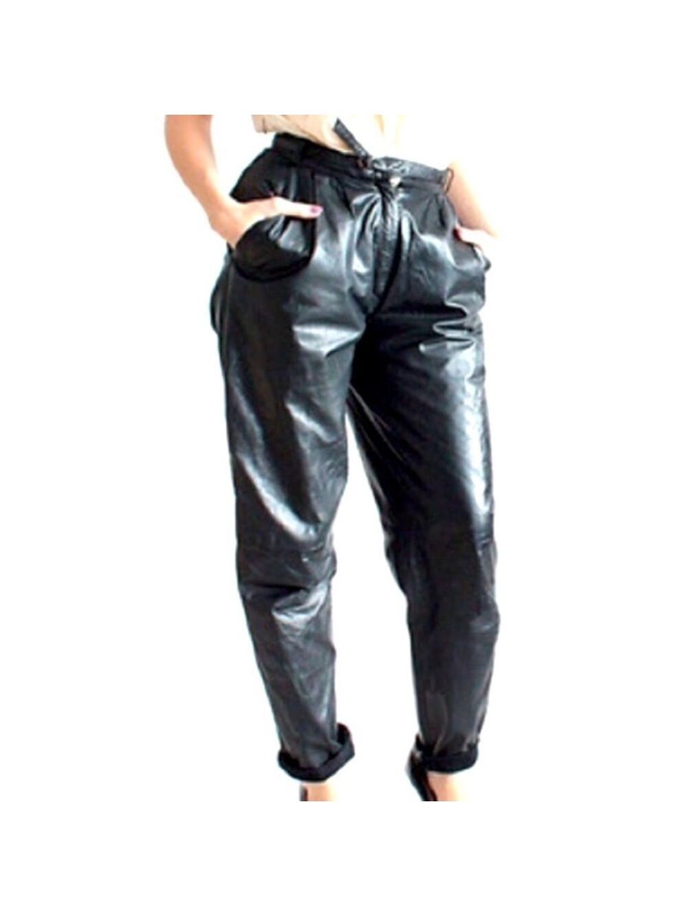 Vintage Harve Bernard 80’s Black Leather High Rise Trouser Pants Size 8